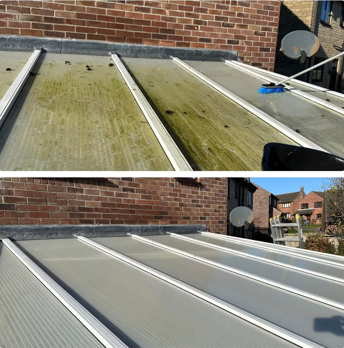 Before and after comparison of a dirty conservatory roof being cleaned to a clear finish.