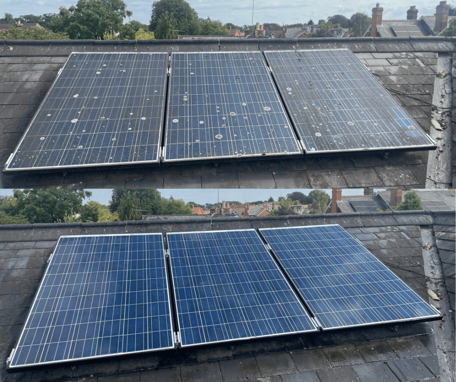 Before and after comparison of dirty solar panels with bird droppings versus clean, blue panels.